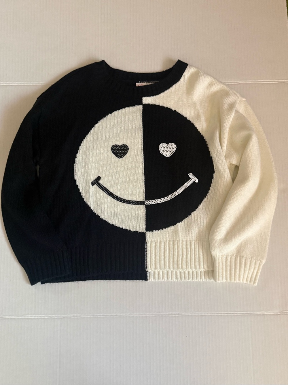 Justice Black and White Smiley Face Knit Sweater